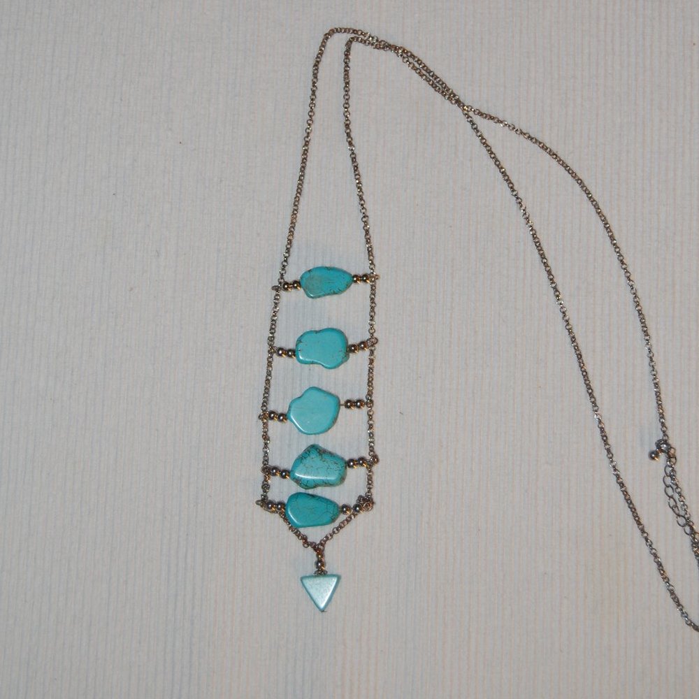 SILVER TONE Necklace With Turquoise Colored Beads   21" Long